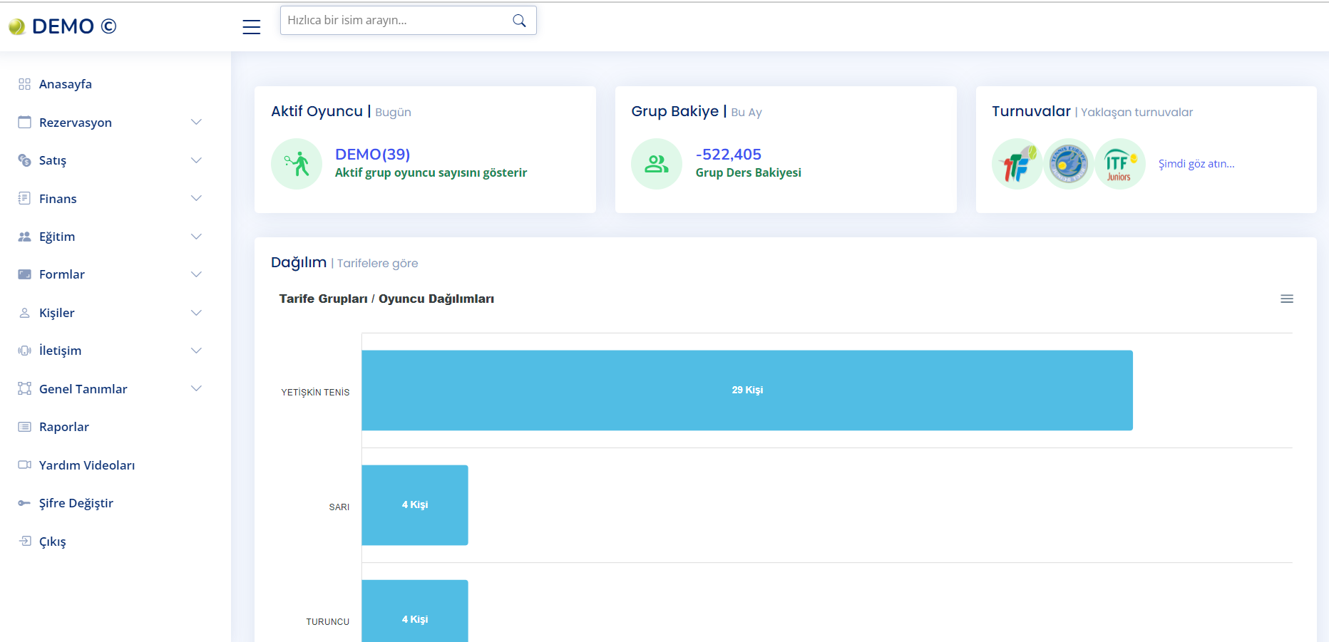 SiberTenis tennis software main dashboard - club management overview
