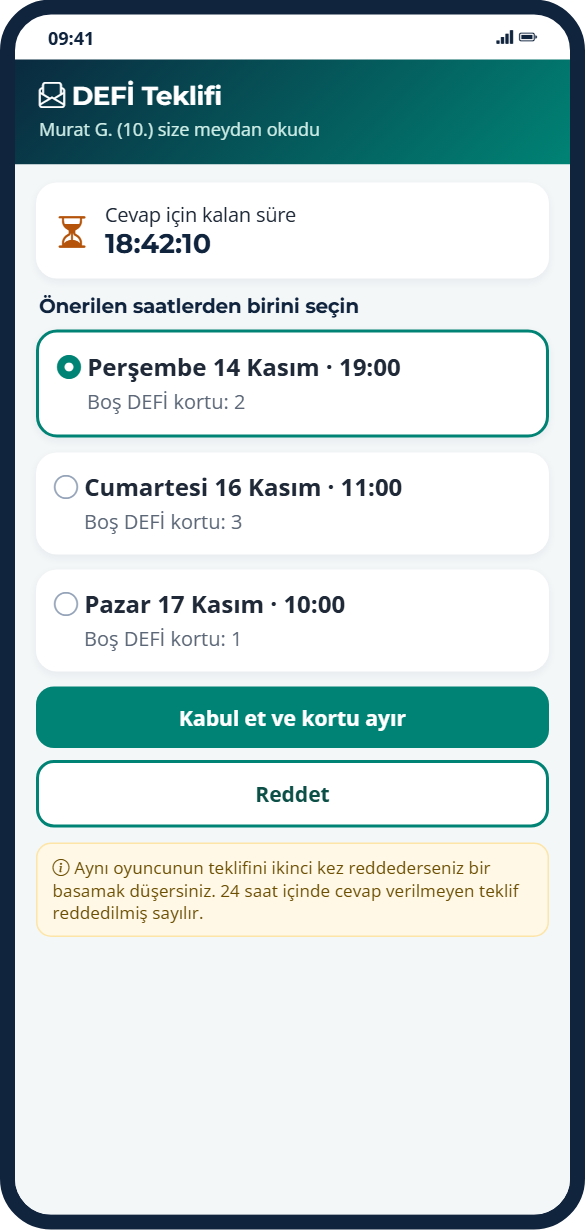 Gelen DEFİ teklifi: üç saat seçeneği, kalan süre, kabul ve ret butonları