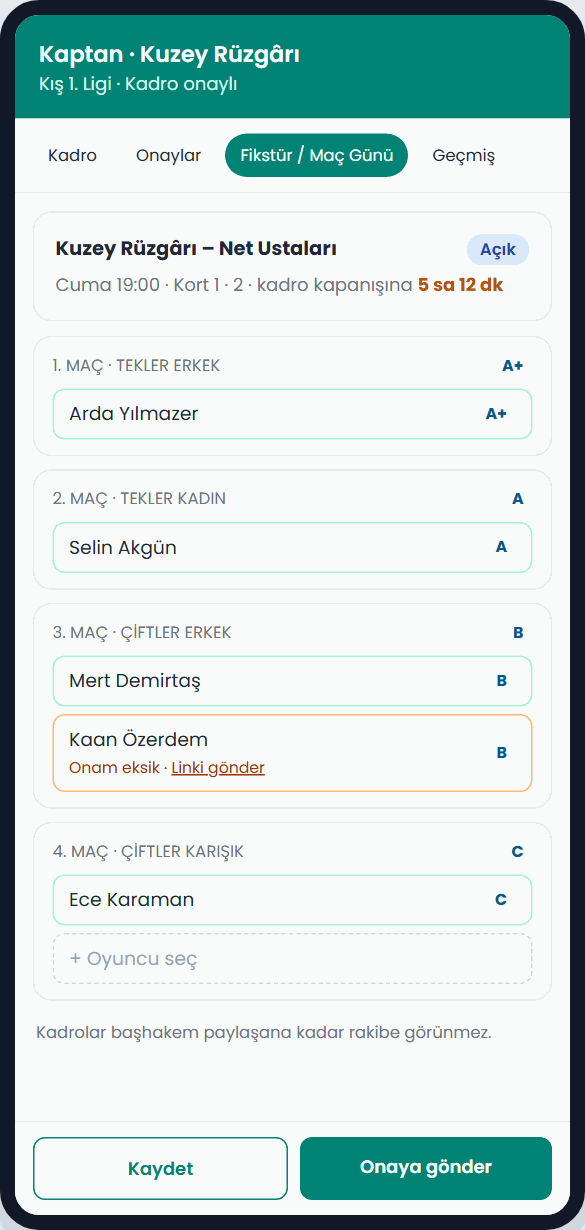 Kaptan ekranında maç günü kadrosu (örnek veri)