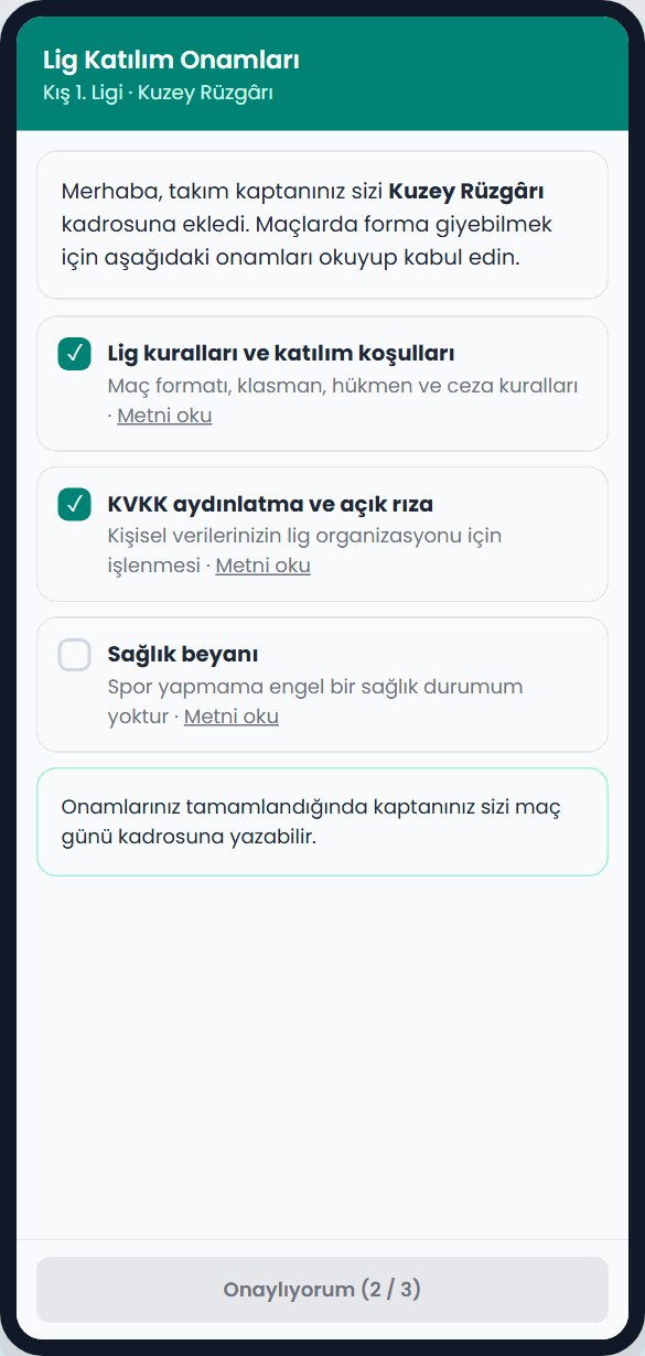 Oyuncu onam ekranı: lig kuralları, KVKK ve sağlık beyanı