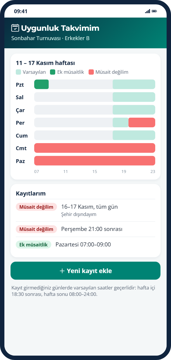 Oyuncunun haftalık uygunluk takvimi: varsayılan saatler, ek müsaitlik ve müsait olmadığı günler