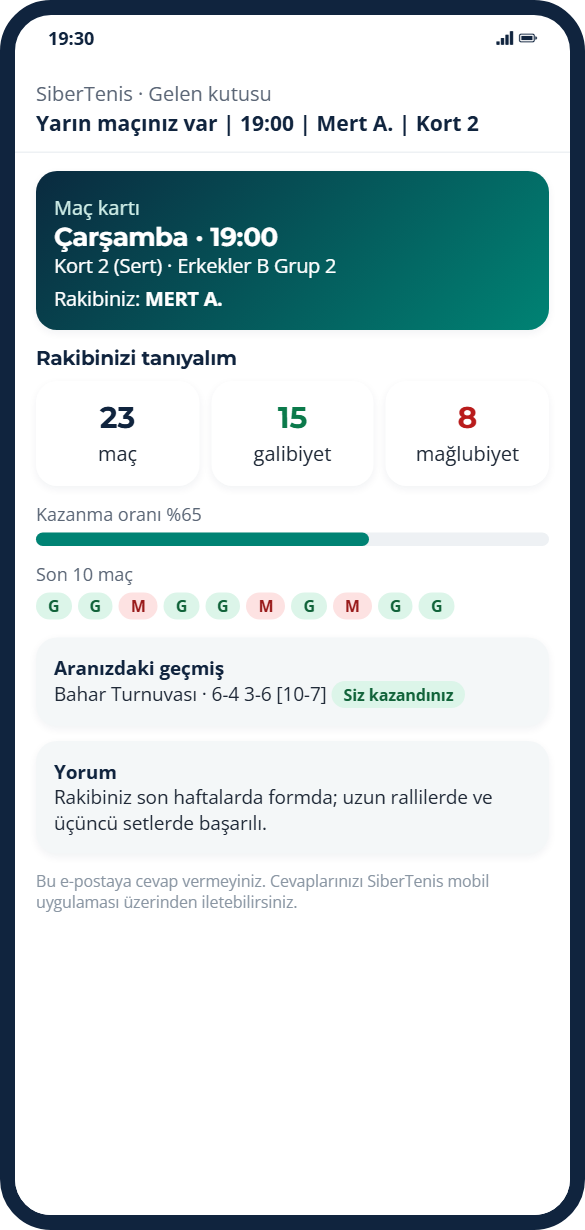 Yarın maçınız var e-postası: maç kartı ve rakip analizi