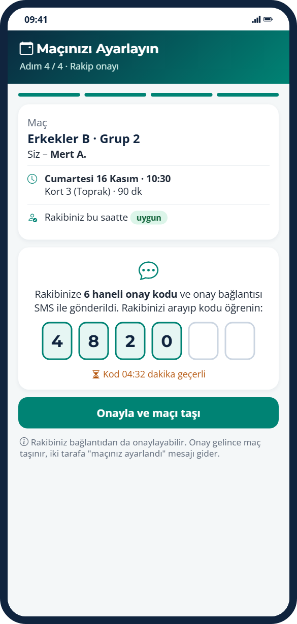 Maçınızı Ayarlayın sihirbazı: yeni saat seçimi ve rakip onay kodu